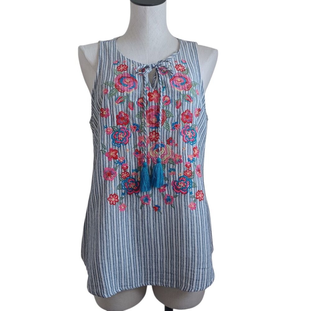 Savanna Jane Gray Stripe Tank Pink Floral Tassel Tie Top‎ Womens Medium